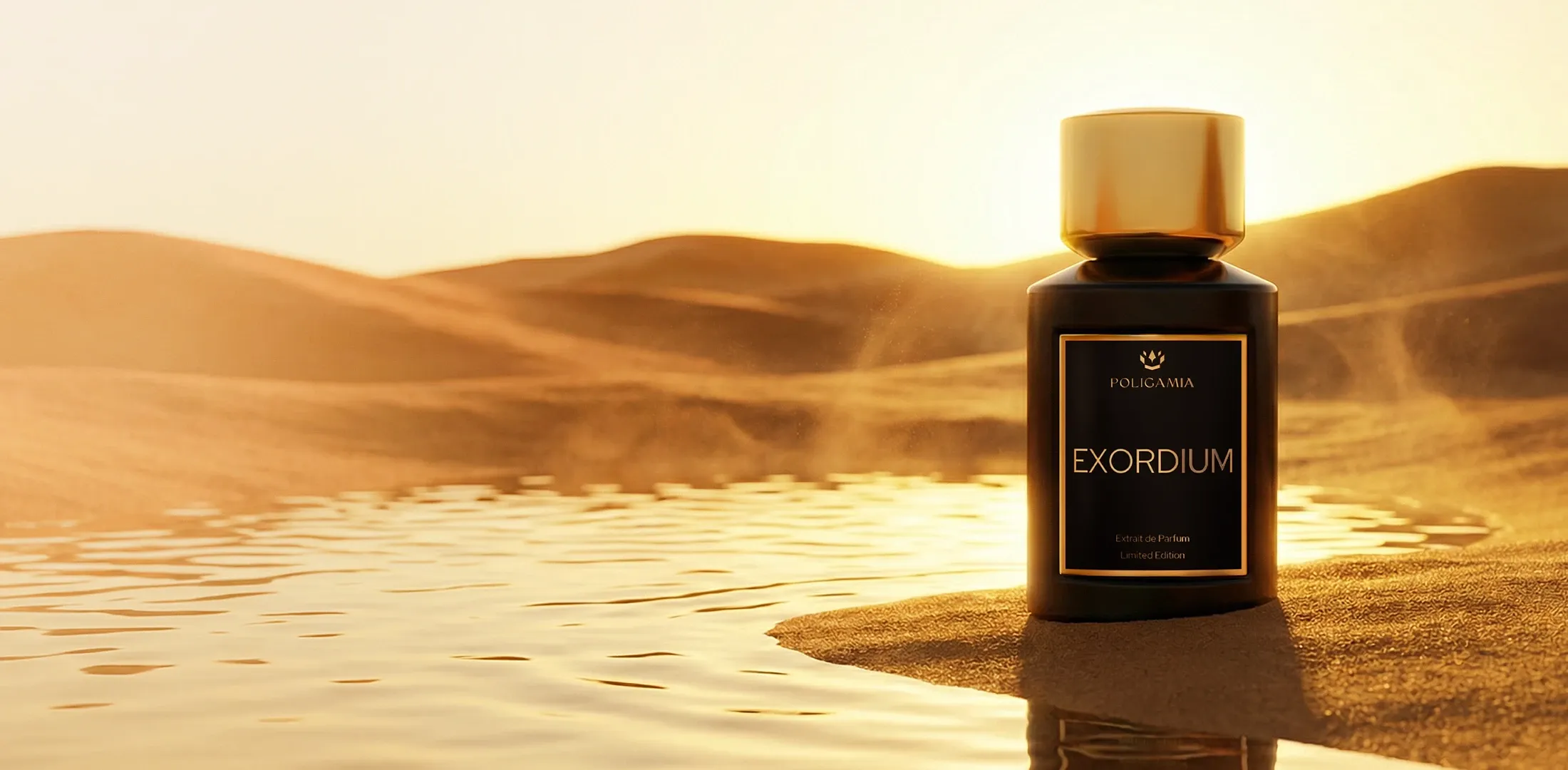 Warm amber atmosphere capturing the POLIGAMIA fragrance moment